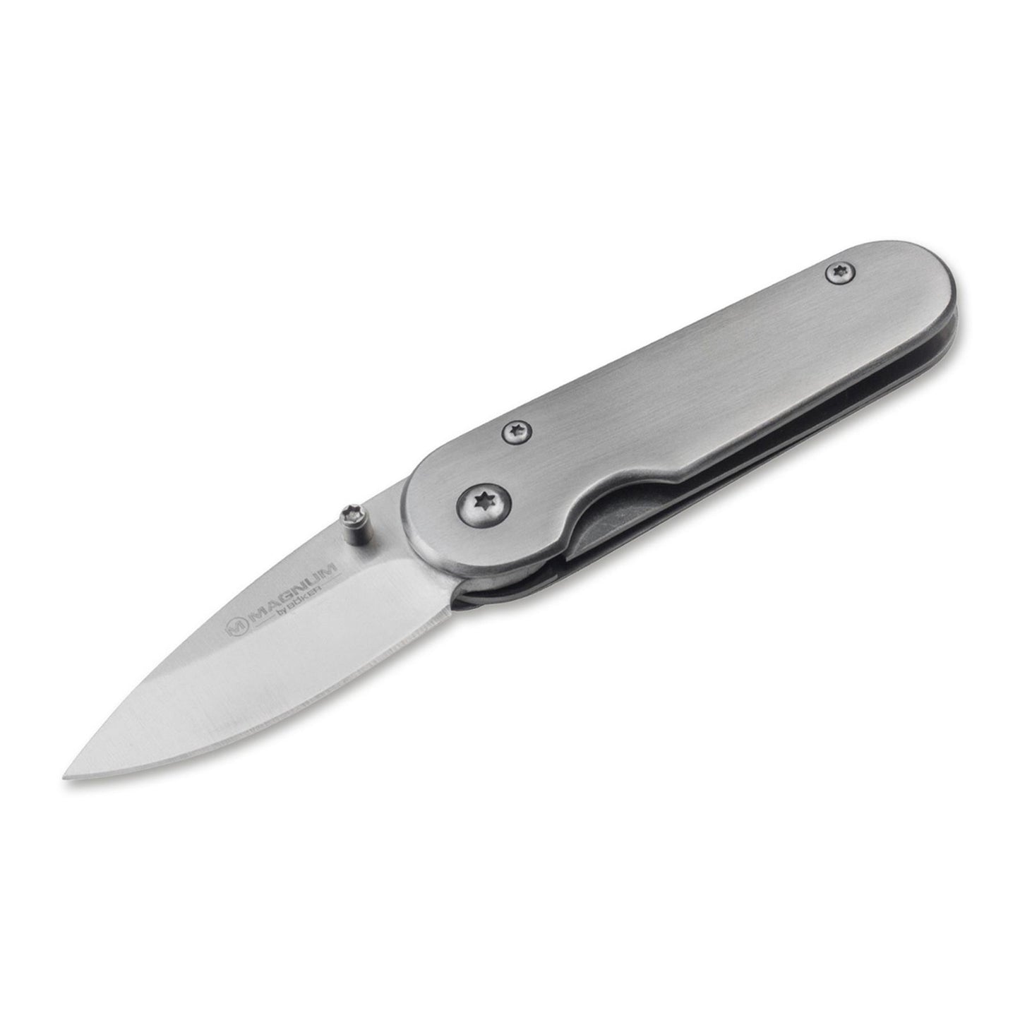 Boker Master Craftsman sulankstomas peilis su sidabrine rankena ir 440A plieno geležte, parodytas pusiau atidarytas