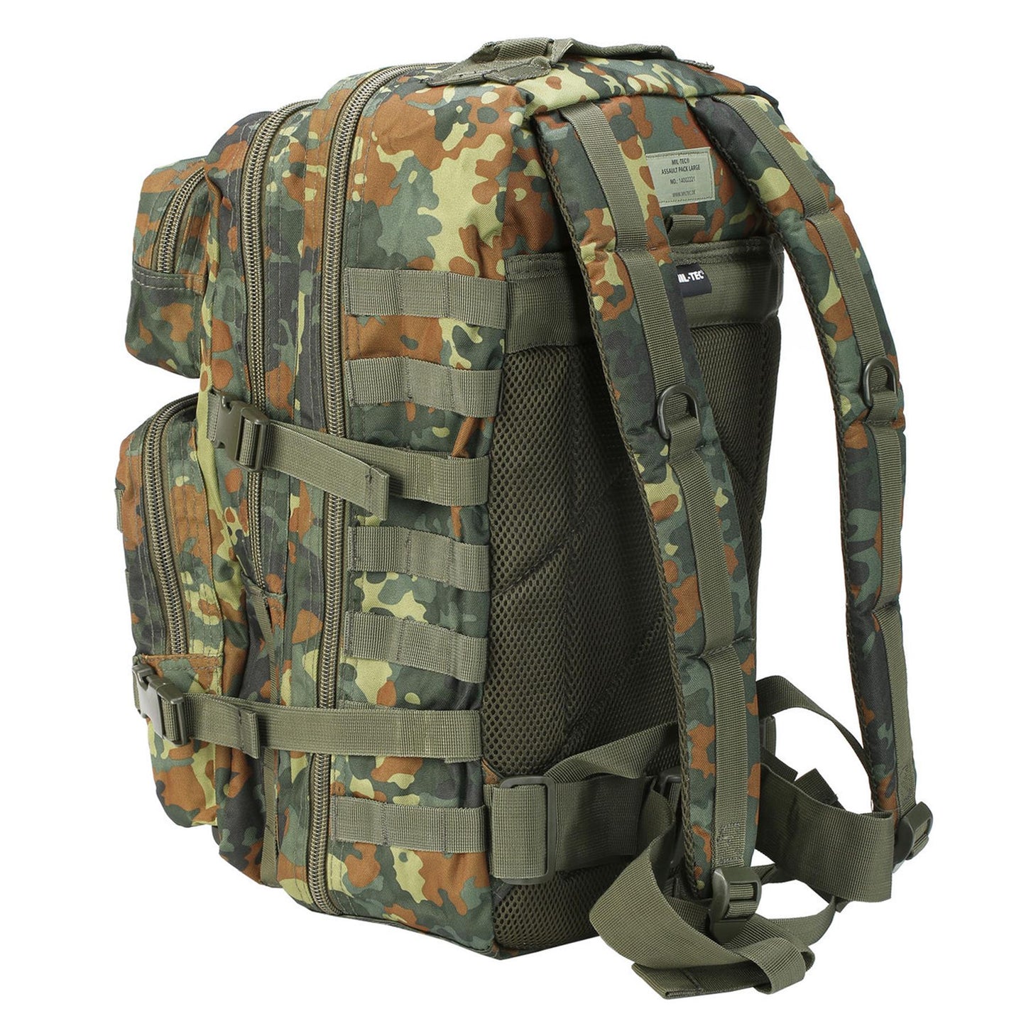 MIL-TEC Assault taktinė 36l kuprinė Flecktarn camouflage su molle juostomis ir paminkštinta nugaros dalimi komfortui.
