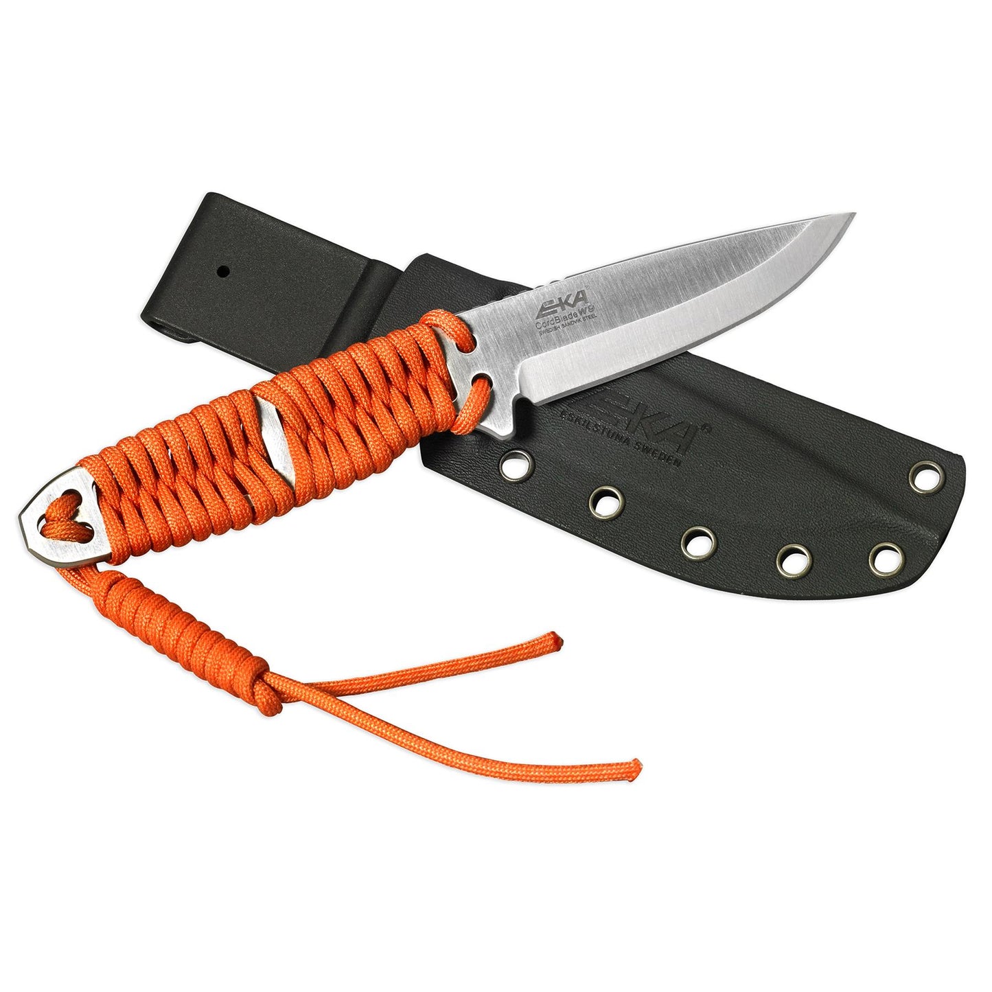 EKA CordBlade W9 išgyvenimo peilis su drop point geležte ir oranžine paracord rankena su dėklu.