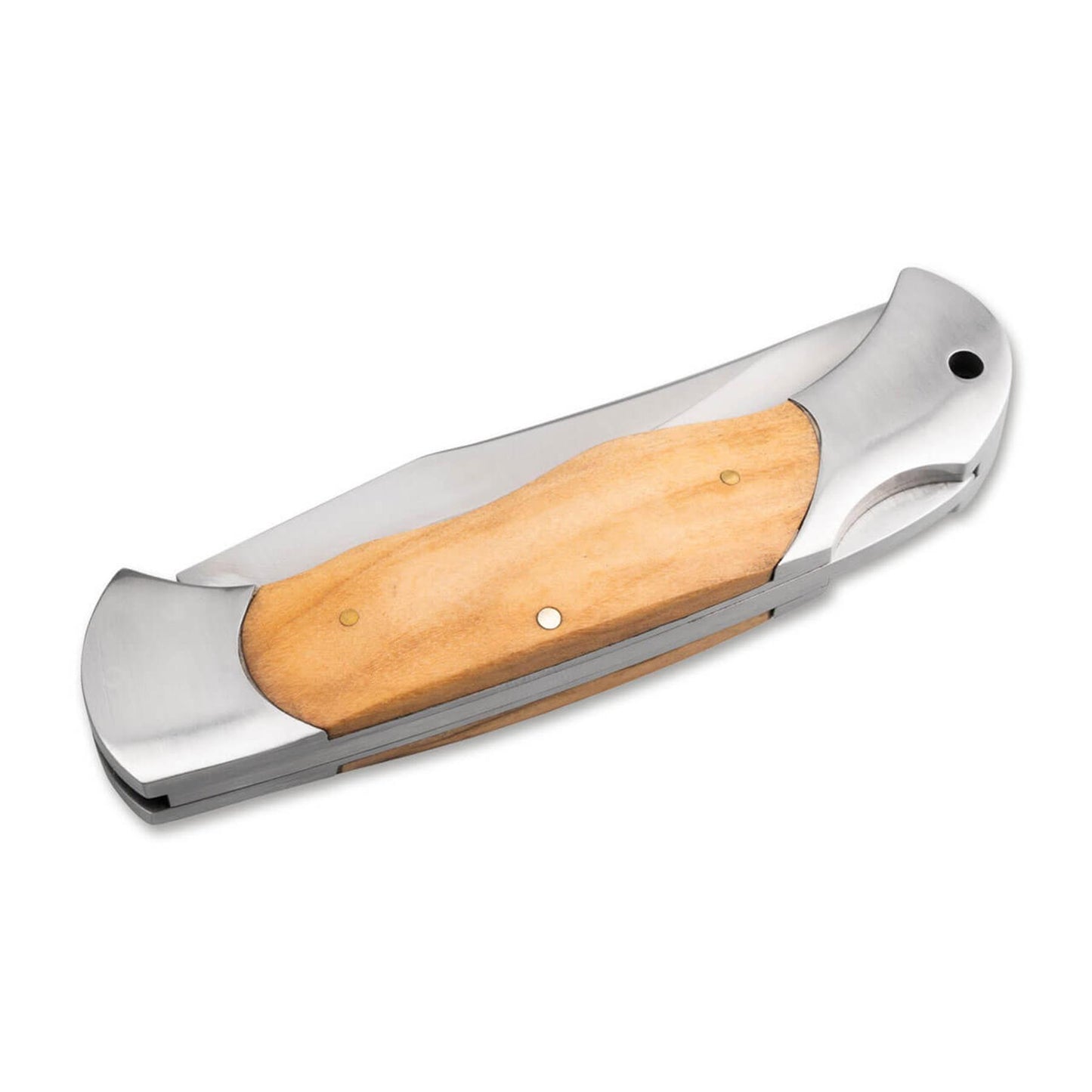 BOKER Classic Hunter One sulankstomas peilis su medine rankena ir nerūdijančio plieno geležte, pavaizduotas sulankstytas