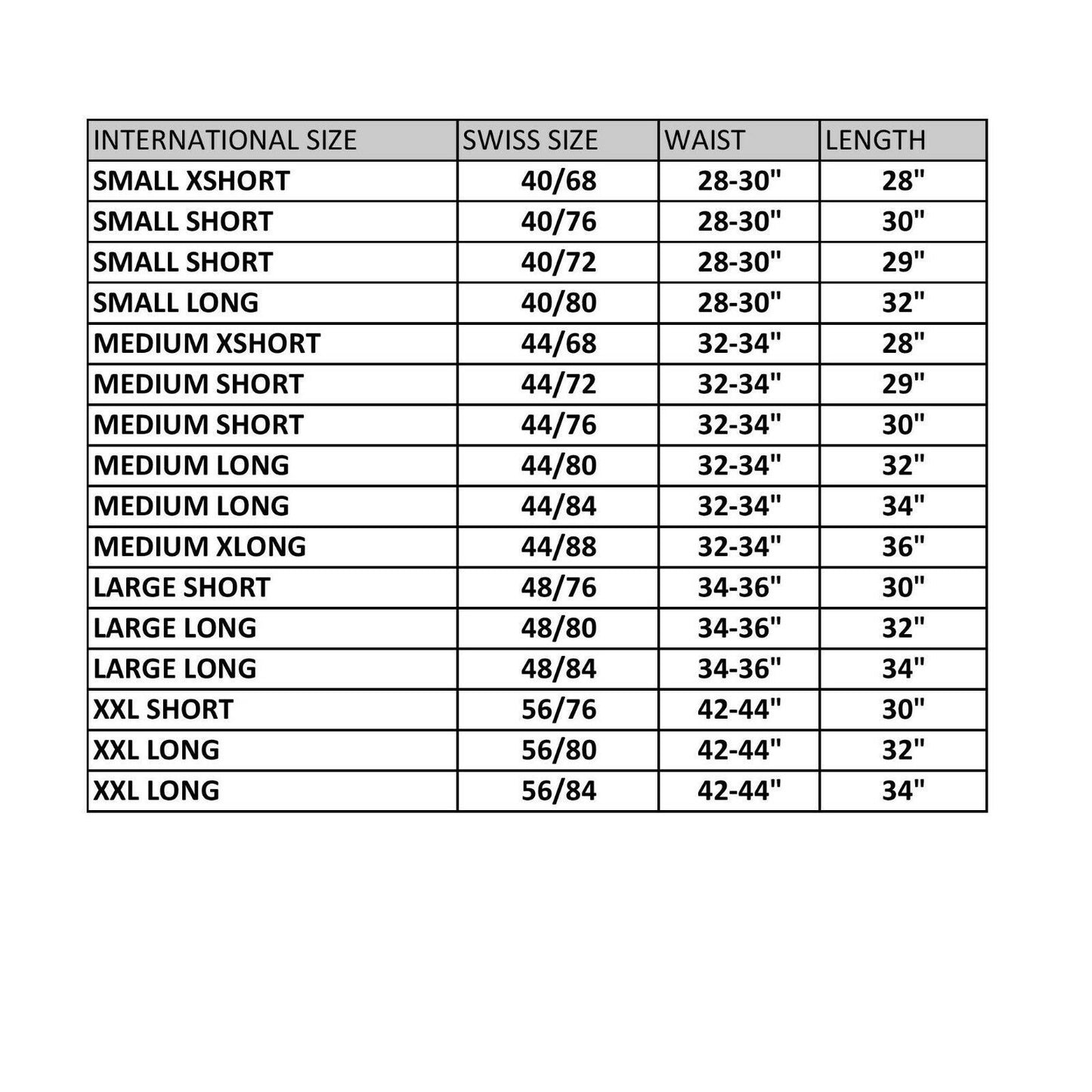 Švedijos kariuomenės lauko kelnės M83 Alpenflage marginimo dydžių lentelė su liemens aplinkmens ir ilgio matmenimis.
