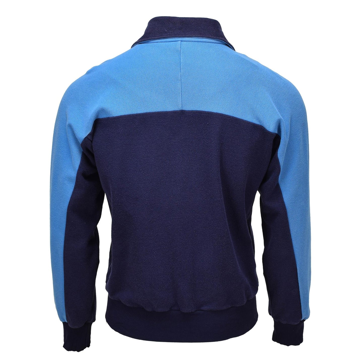 Vokietijos kariuomenės retro stiliaus sportinis švarkas tamsiai ir šviesiai mėlynos spalvos, nugaros vaizdas.