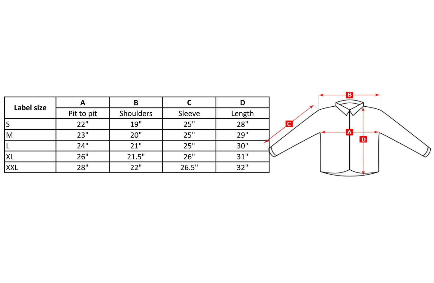 TACGEAR Vokietijos kariuomenės stiliaus švarkas Flecktarn marginimo matmenų lentelė su dydžių ir išmatavimų informacija.