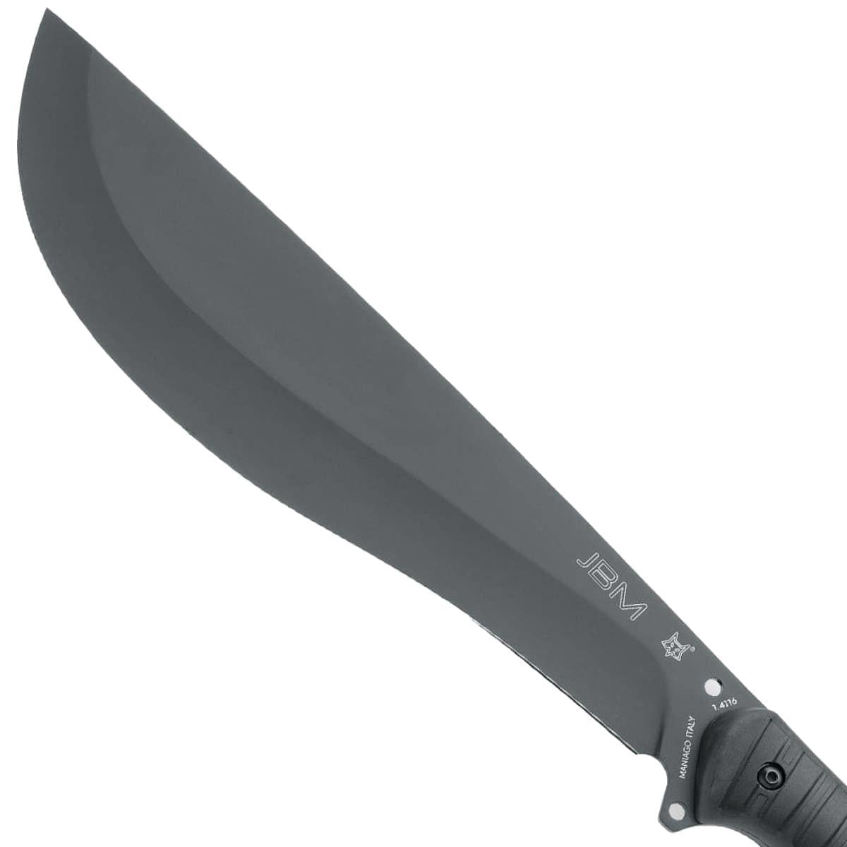 Fox Knives Jungle Bolo išgyvenimo mačetė iš nerūdijančio plieno, patogi FRN rankena ir odinis dėklas.