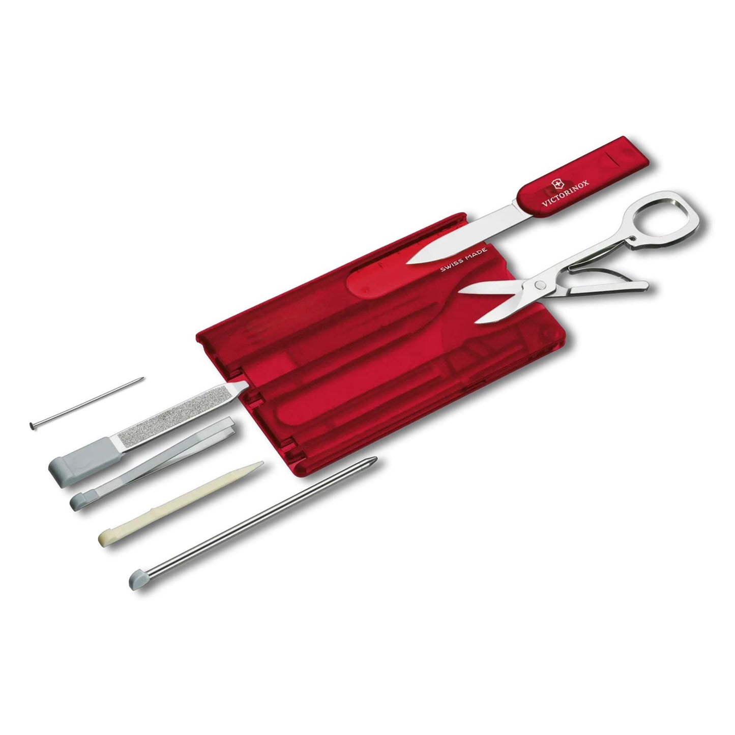 Victorinox SwissCard Classic daugiafunkcinis įrankis kasdieniam naudojimui su peiliuku, žirklėmis ir pincetu raudonoje dėklo.
