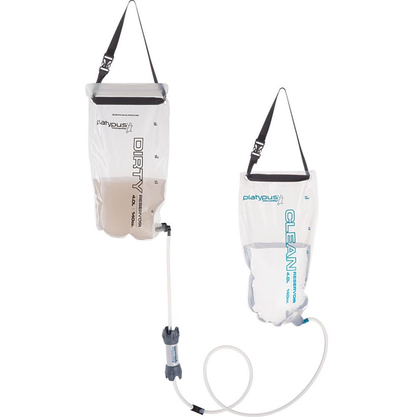 Platypus GravityWorks 4l talpos vandens filtravimo sistema stovyklavimui su dviem rezervuarais ir gravitaciniu filtru.