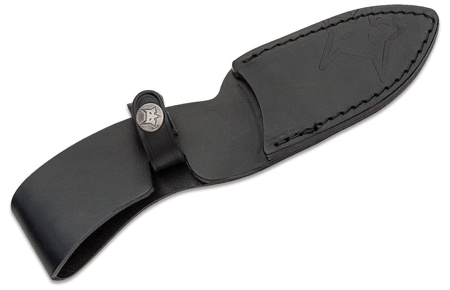 Fox Knives Alaskan Hunter Itališkas fiksuotas peilis juodas odinis dėklas su sagtele ir išgraviruotu vilku.