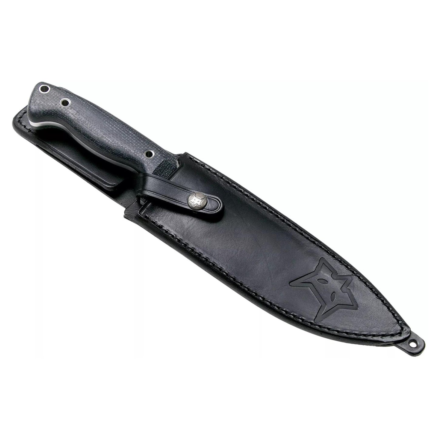 FoxKnives fiksuotas peilis iš niolox nerūdijančio plieno su juoda odine dėklu ir ergonomine rankena.