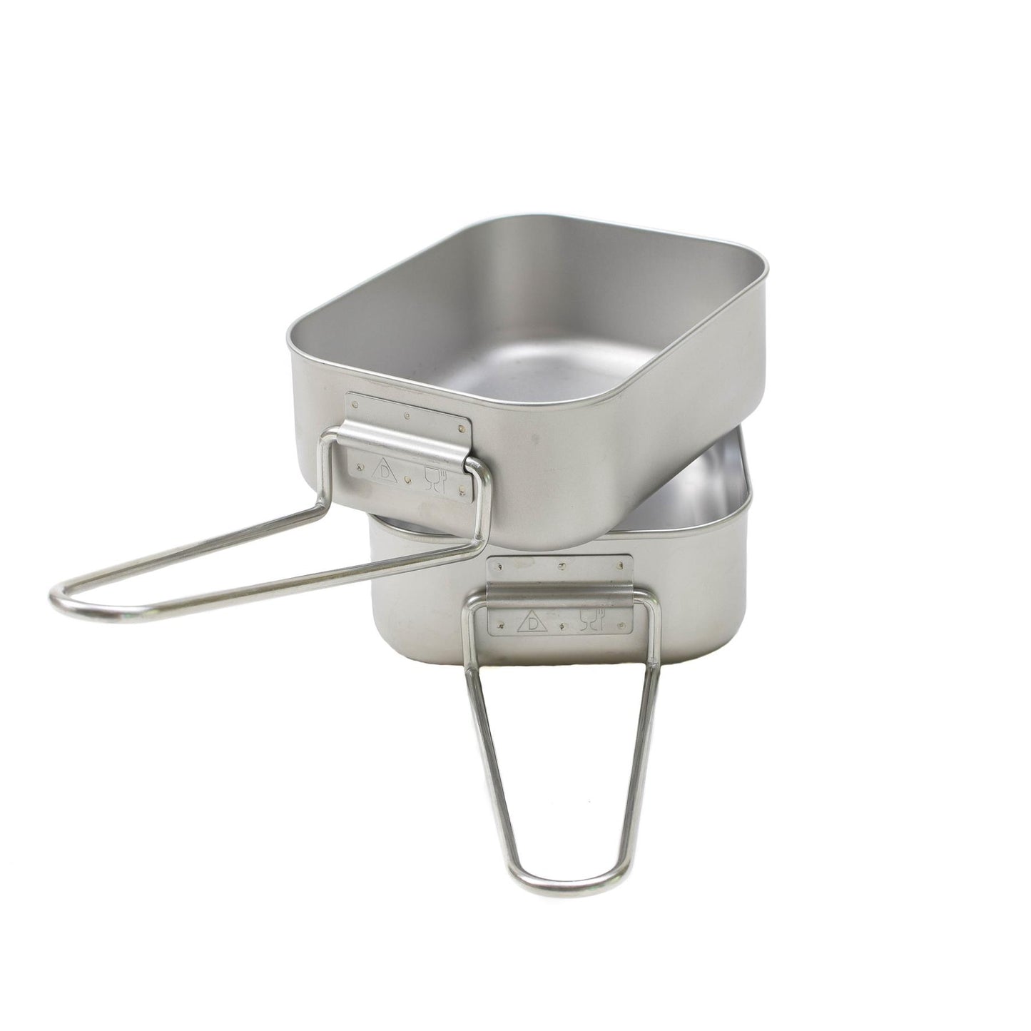 Nyderlandų kariuomenės nerūdijančio plieno maisto indas su sulankstomomis rankenomis ir dviem keptuvėmis.