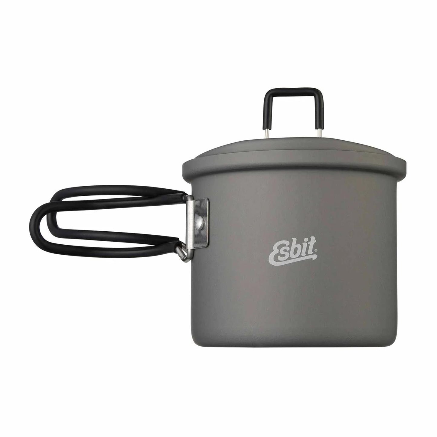 ESBIT stovyklavimo puodas 625ml anodizuotas aliuminis su sulankstoma rankena ir nepridegančia danga žygiams.
