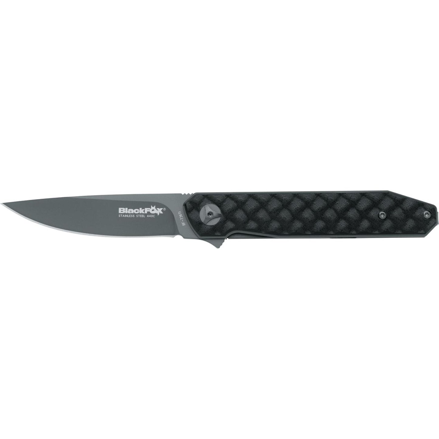 Fox Knives RELOADED titanu dengtas atlenkiamas kasdienis peilis 440C plienas su juoda tekstūriniu G10 rankena.