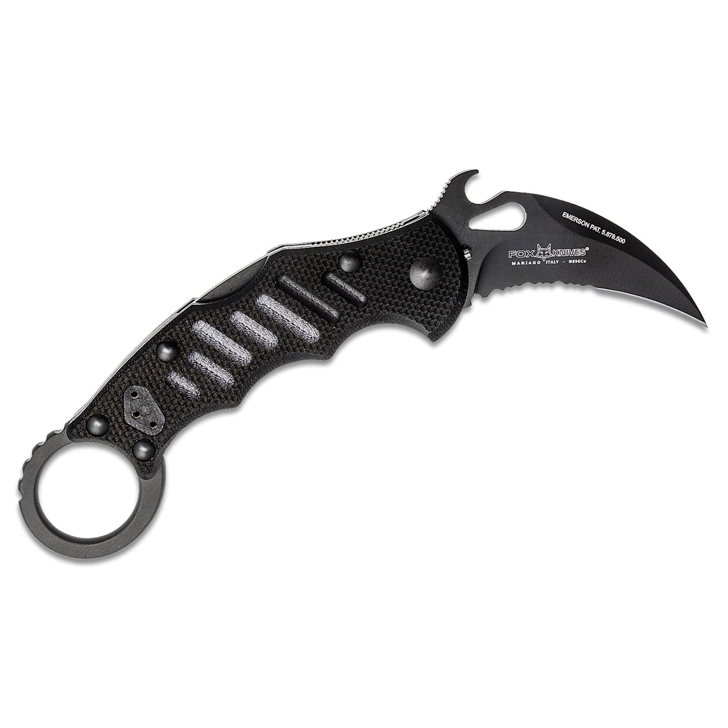 Fox Knives FX-599XT Karambit sulankstomas peilis su juodu N690Co karambit ašmeniu ir G10 rankena