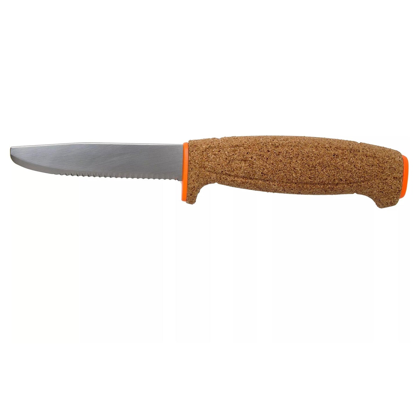 MORAKNIV Floating neskęstantis universalus peilis dantytais ašmenimis su oranžine rankena ir seruotais ašmenimis.