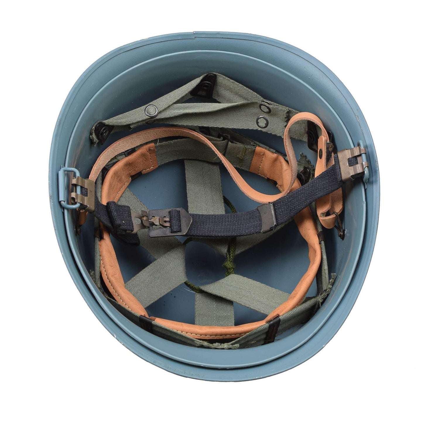 Belgijos kariuomenes M51 kovinis salmas is vidaus su odiniu dirzeliu ir tvirta plienine konstrukcija sviesiai melynos spalvos