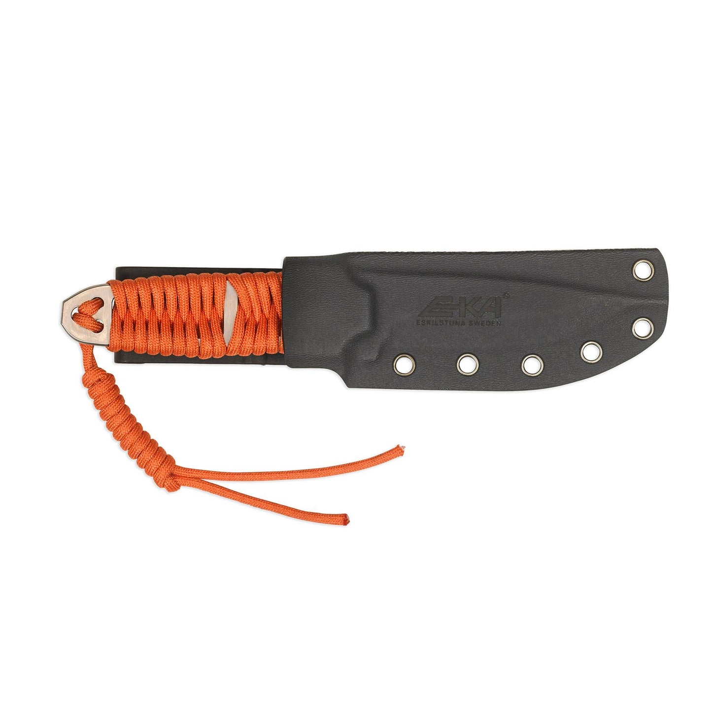 EKA CordBlade W9 išgyvenimo peilis su drop point geležte ir oranžine paracord rankena dėkle.