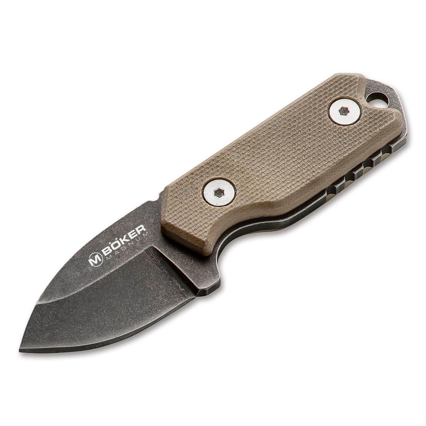 Boker Plus Li'l Friend Micro fiksuotas peilis su ruda rankena ir stonewash juodu 440A plieno ašmeniu ant balto fono
