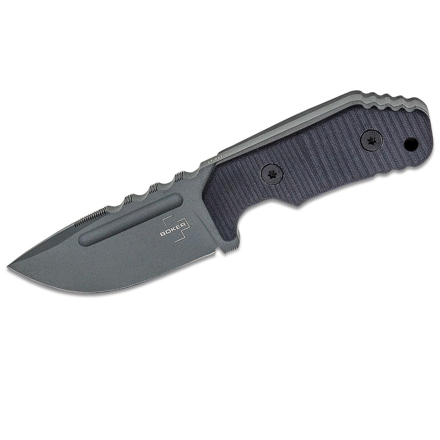 Boker Plus Little Dvalin Black fiksuotas peilis su juoda G10 rankena ir pilku D2 plieno ašmeniu, rodomas is sono