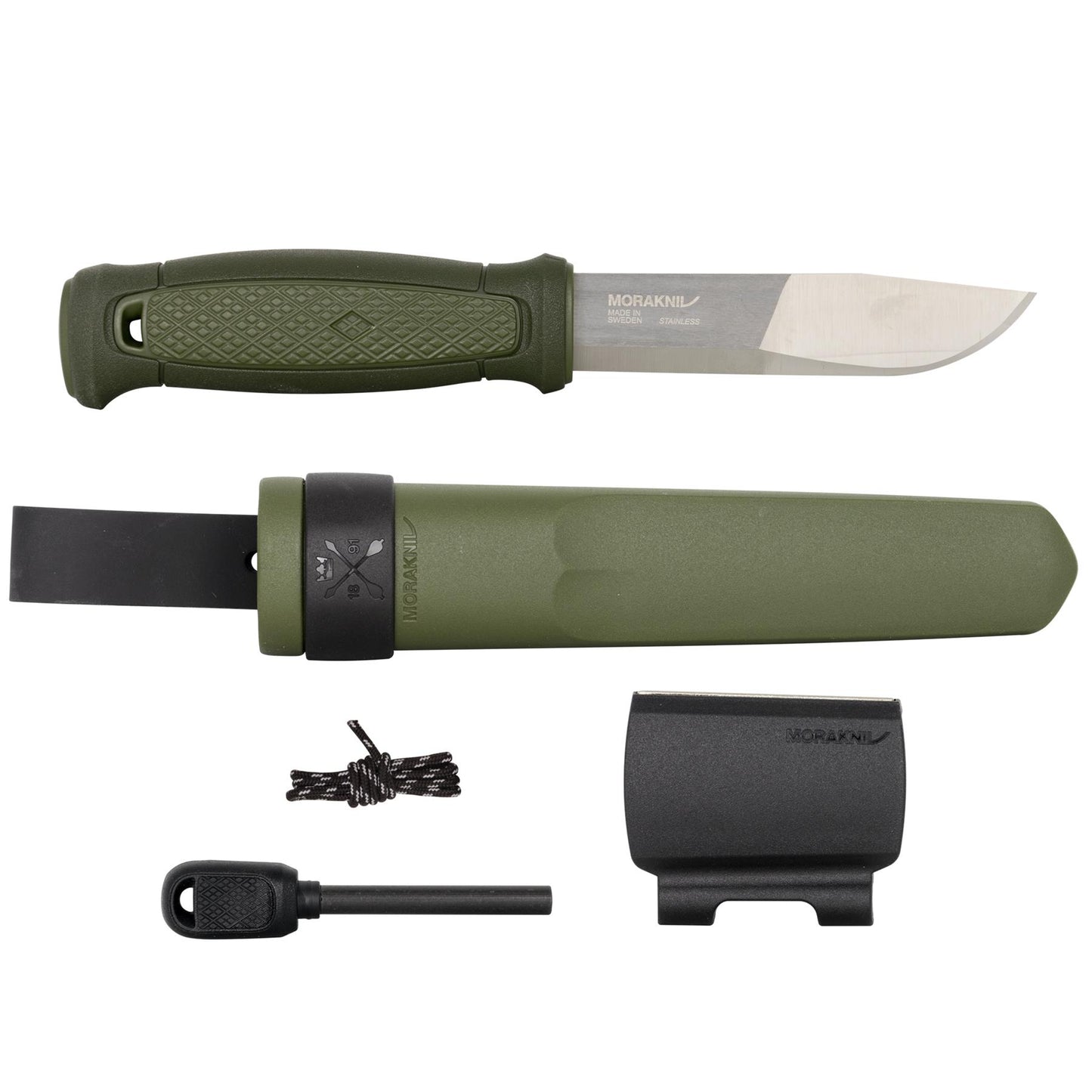 MORAKNIV Kansbol išgyvenimo peilis su ugnies keltuvu ir galąstuvu žalia ergonomiška rankena ir nerūdijančio plieno ašmenimis