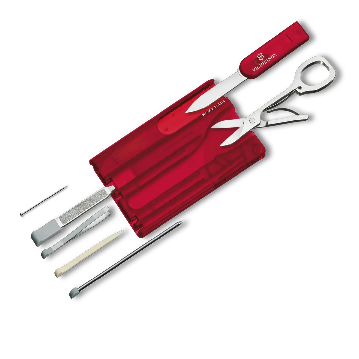 Victorinox SwissCard Classic daugiafunkcinis įrankis su peiliuku, žirklėmis, pincetu ir kitais kasdieniais įrankiais.