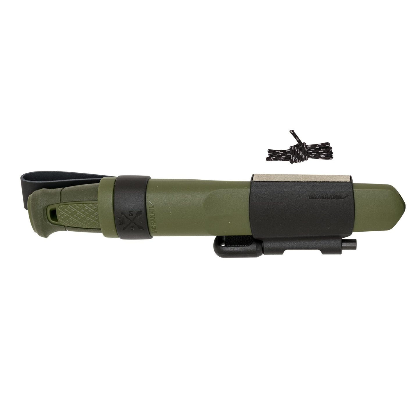 MORAKNIV Kansbol išgyvenimo peilis su ugnies keltuvu ir galąstuvu žaliu dėklu, skirtas lauko veikloms.
