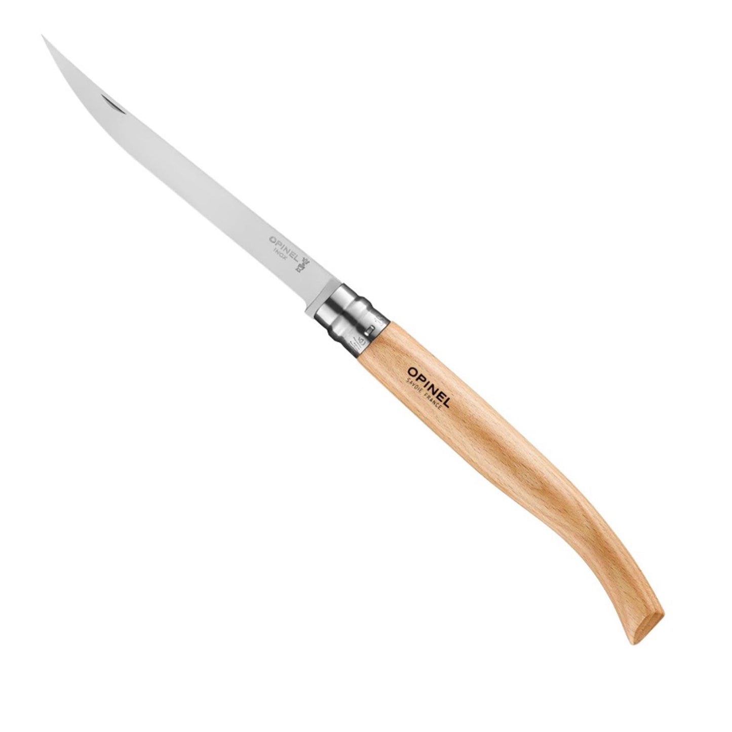 Opinel Beech Effilé 15 filetavimo peilis iš nerūdijančio plieno su bukmedžio rankena ir plonu ašmeniu žuvies filėms.