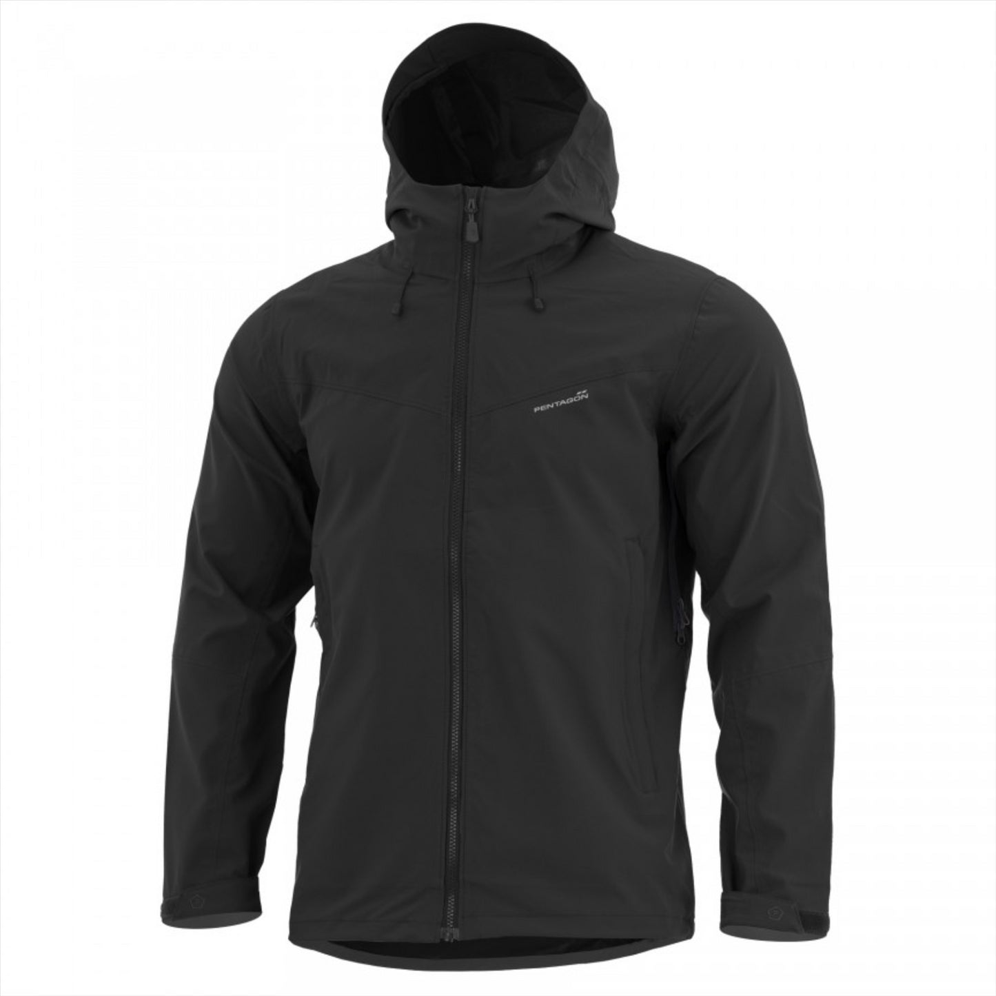 Juoda PENTAGON Monlite WP lengva neperšlampama Softshell striukė su gobtuvu ir užtrauktukais.