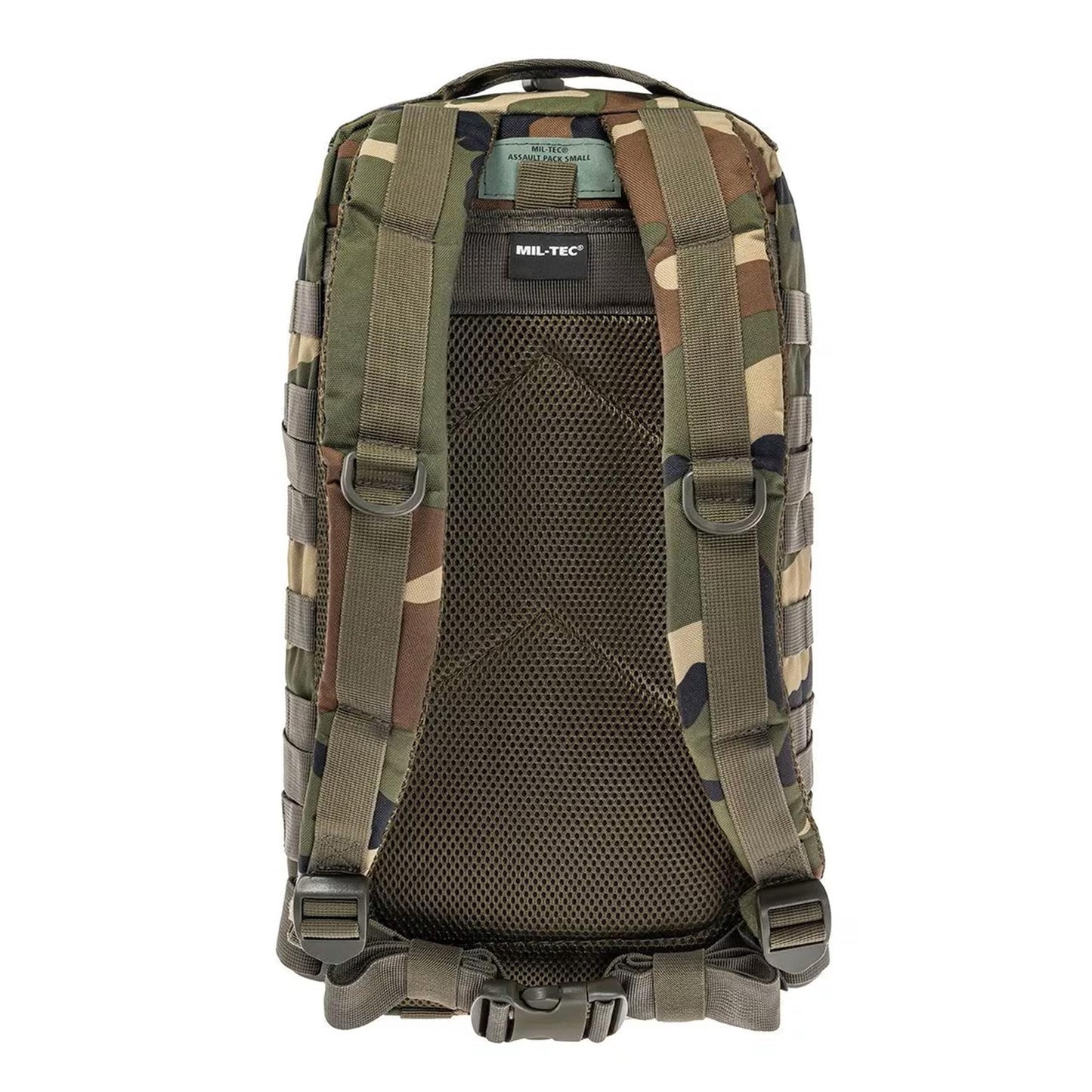 MIL-TEC U.S. Assault taktinė modulinė kuprinė 20 litrų Woodland camo, su molle kilpomis ir reguliuojamais dirželiais.