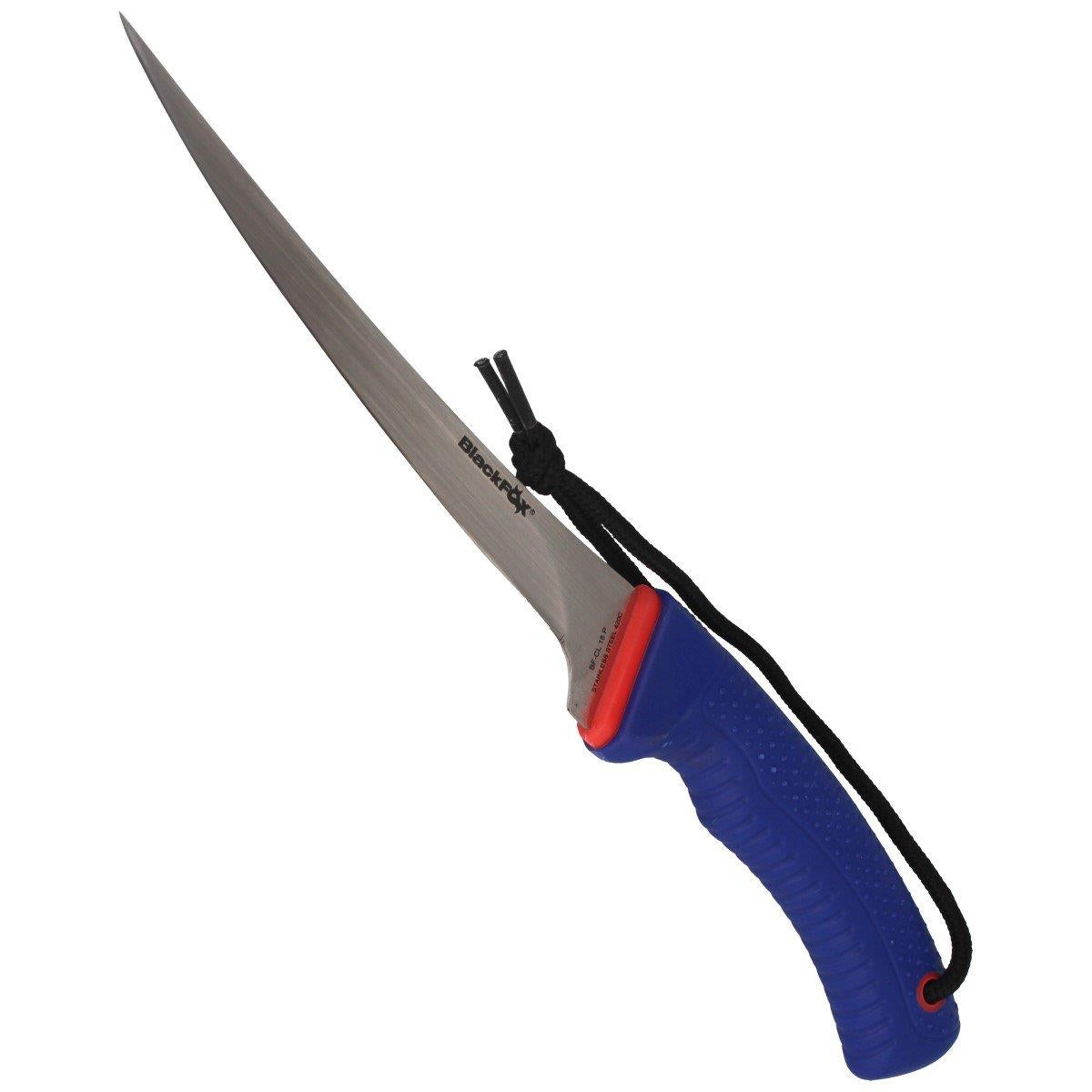 Fox Knives fiksuotas filė peilis su satinuota dangta pagamintas iš 420C plieno su mėlyna PP rankena