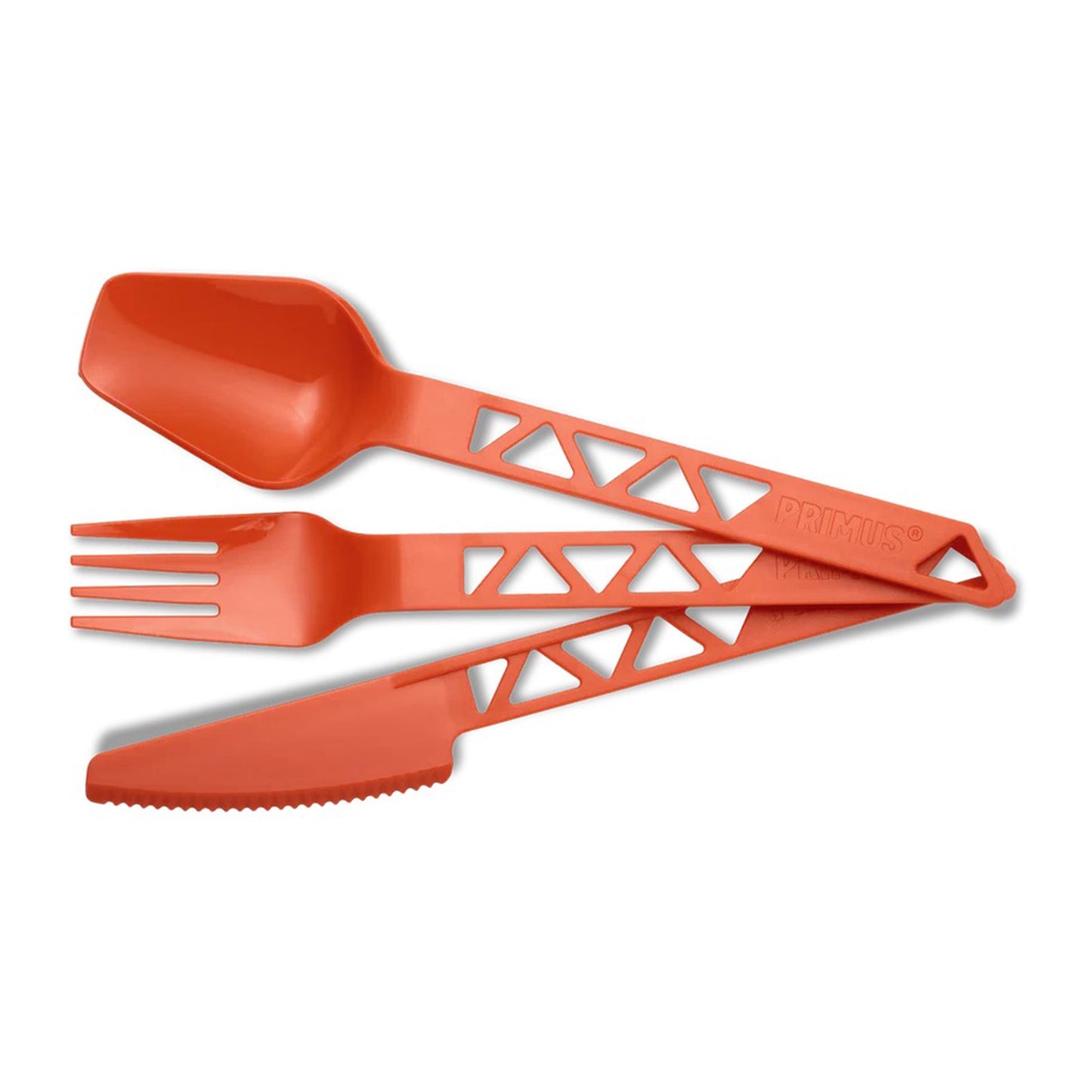 Primus Lightweight Trailcutlery Tritan stalo įrankių rinkinys su šakute, šaukštu ir peiliu iš Tritan plastiko.