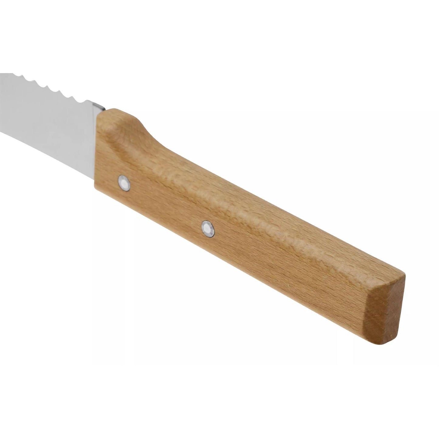 Opinel Parallele fiksuotas duonos peilis su medžio rankena ir dantytais nerūdijančio plieno ašmenimis.