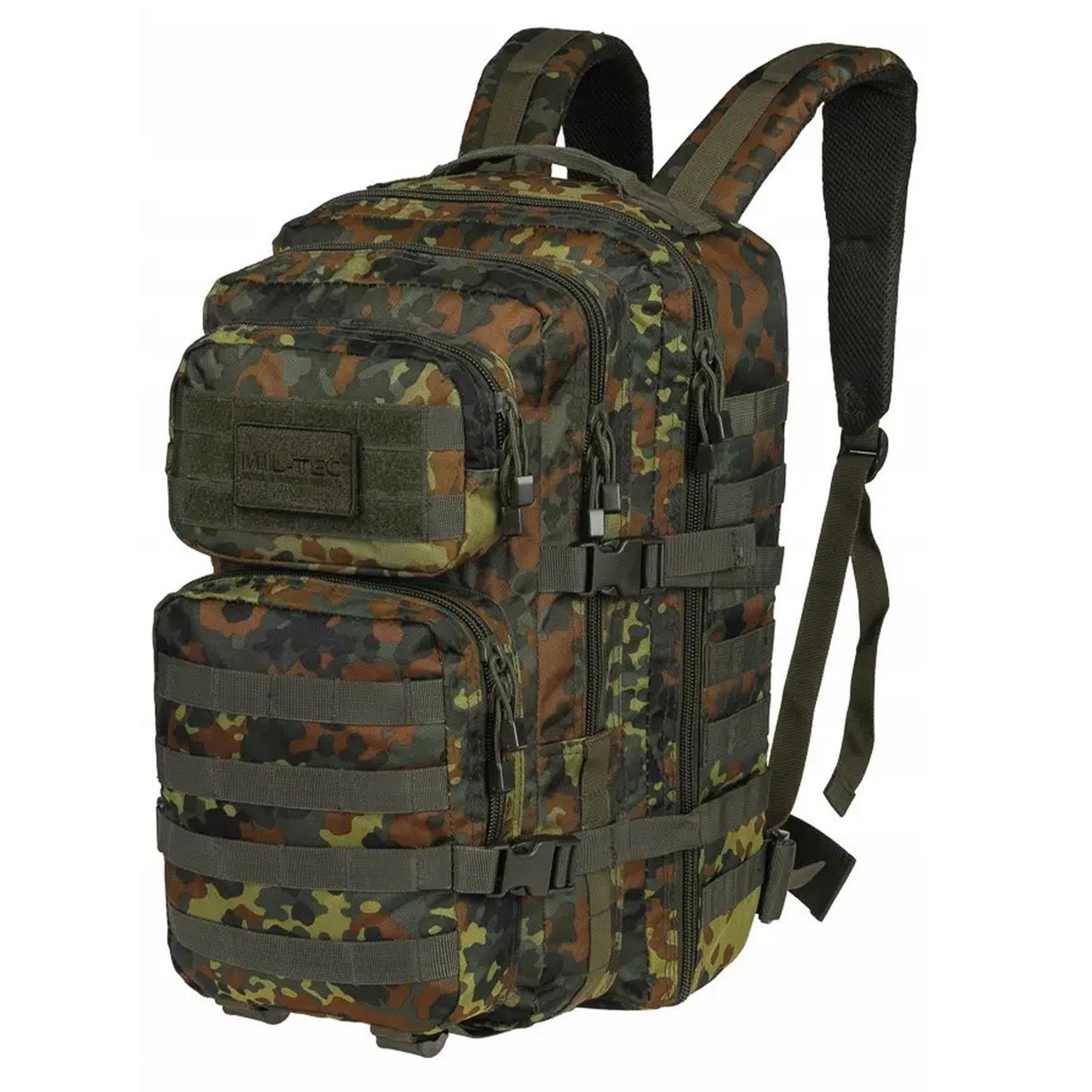 MIL-TEC Assault taktinė 36l kuprinė Flecktarn camo su 36L talpa, Molle juostomis ir patogiu paminkštinimu.