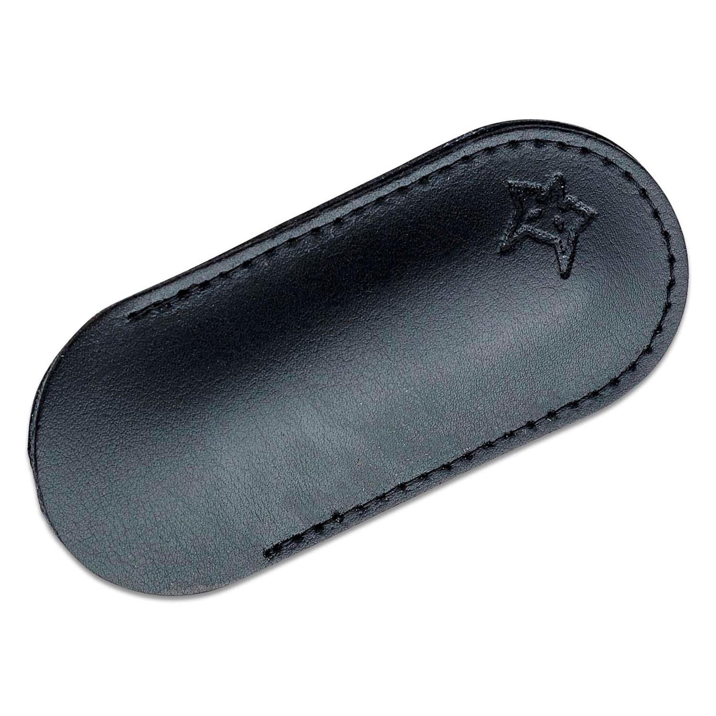 Fox Knives LIVRI sulankstomas kišeninis peilis saugomas juodo odinio dėklo fone.