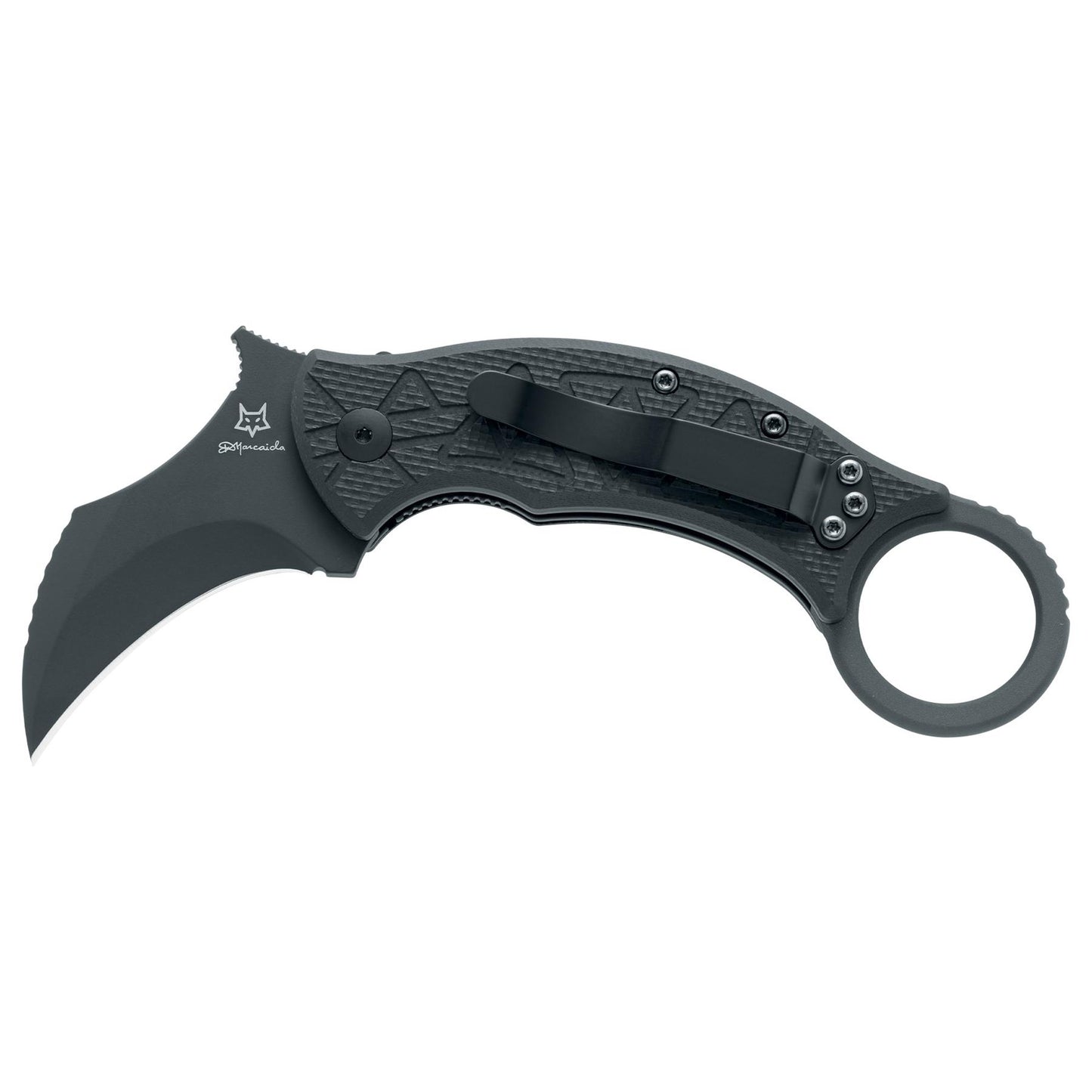 Fox Knives TRIBAL K FX-802 peilis karambitas – juodos spalvos atlenkiamas peilis su N690Co plieno ašmenimis ir ergonomiška rankena