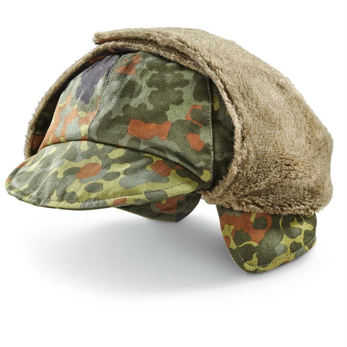 Vokietijos kariuomenės žieminė kepurė su snapeliu Flecktarn marginimo, pašiltinta dirbtiniu kailiu ir vilna.