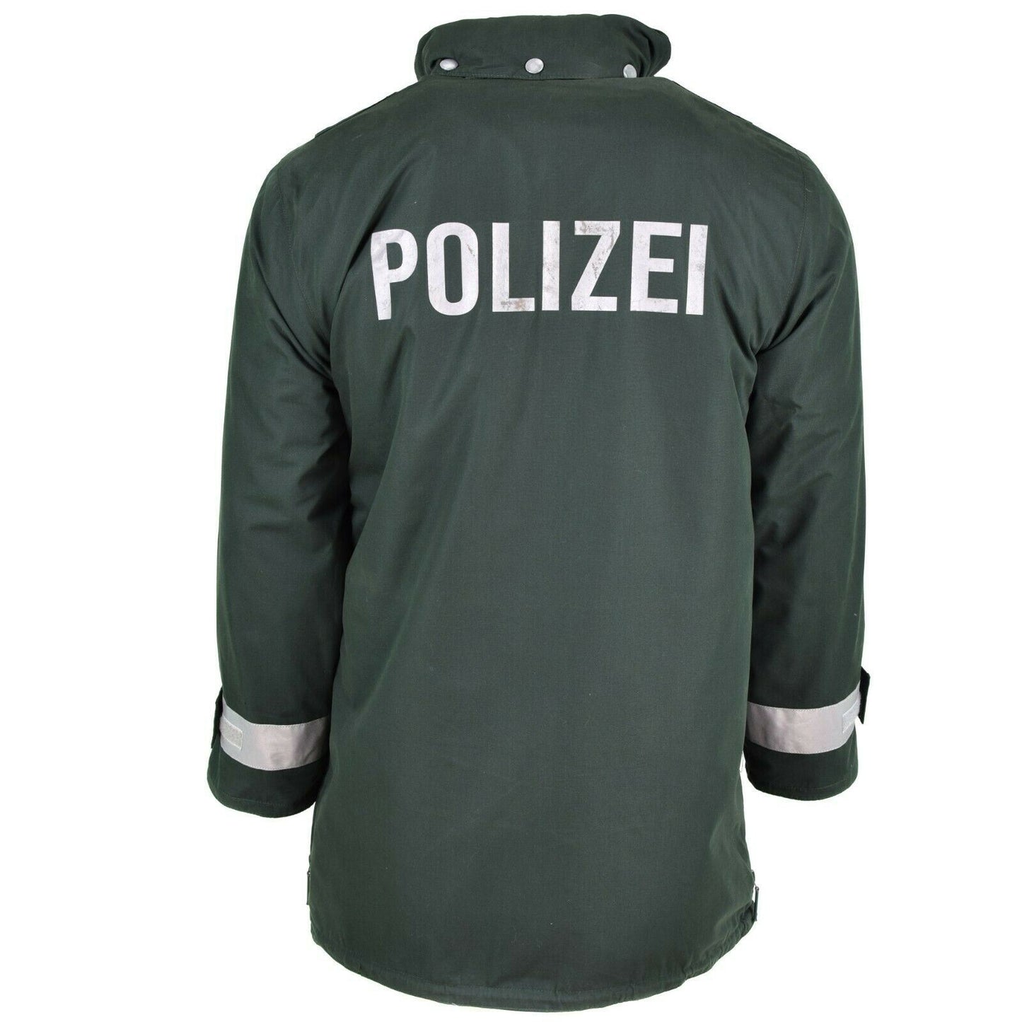 Vokietijos policijos vandeniui atspari striukė žalios spalvos su atspindinčiomis detalėmis ir „GoreTex“ audiniu.