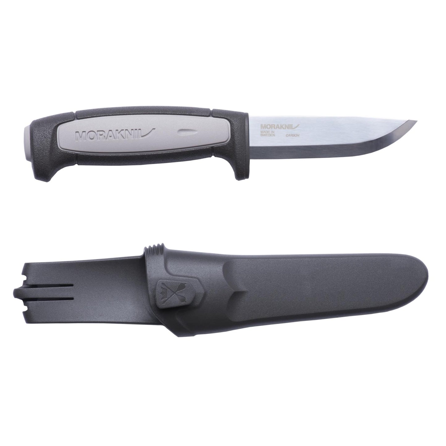 MORAKNIV Robust Gray fiksuotas peilis iš anglies plieno su ergonomine rankena ir tvirtu dėklu saugiam laikymui.