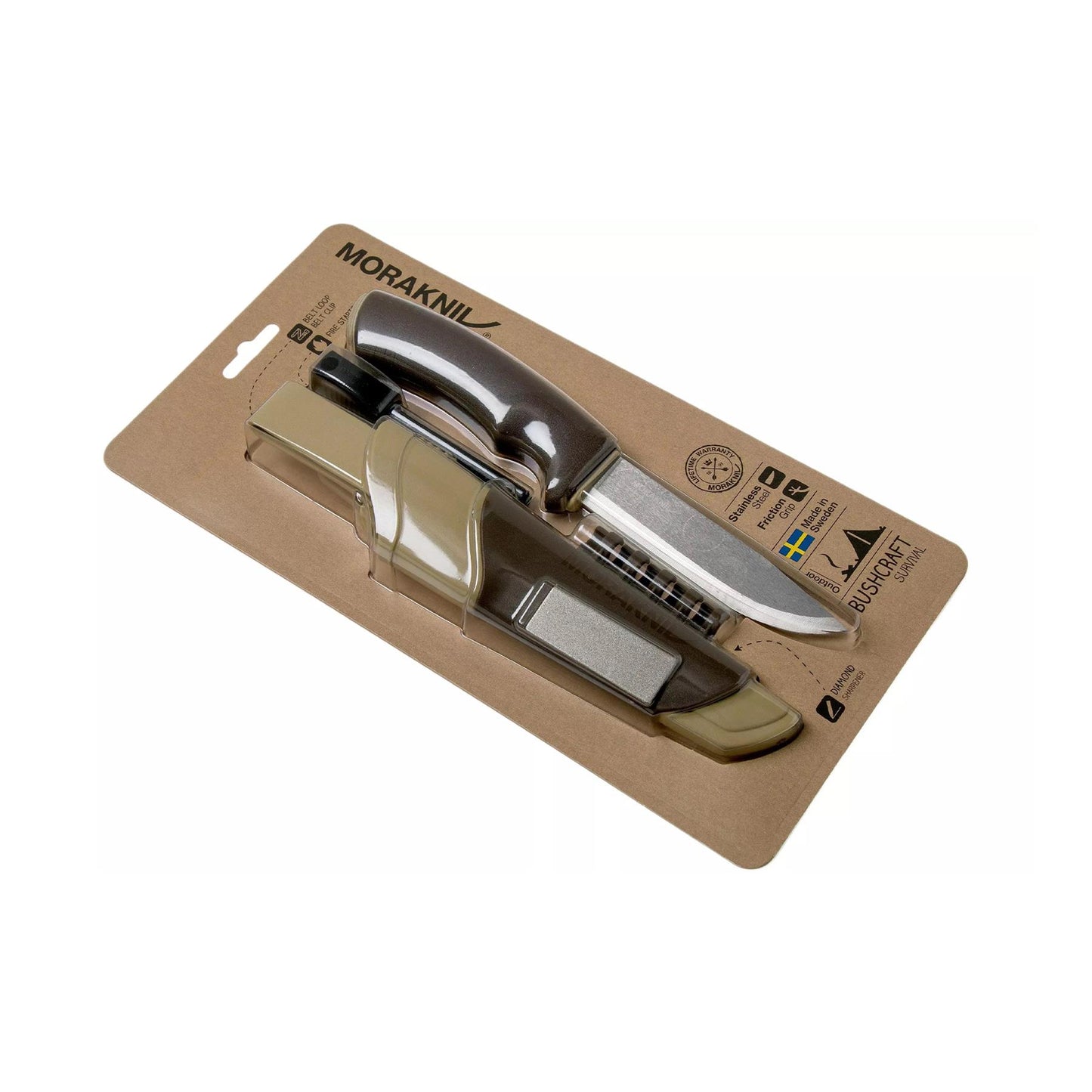 MORAKNIV fiksuotas peilis su lauko ugnies užkūrimo priemone ir galandimo įrankiu, skirtas bushcraft entuziastams.