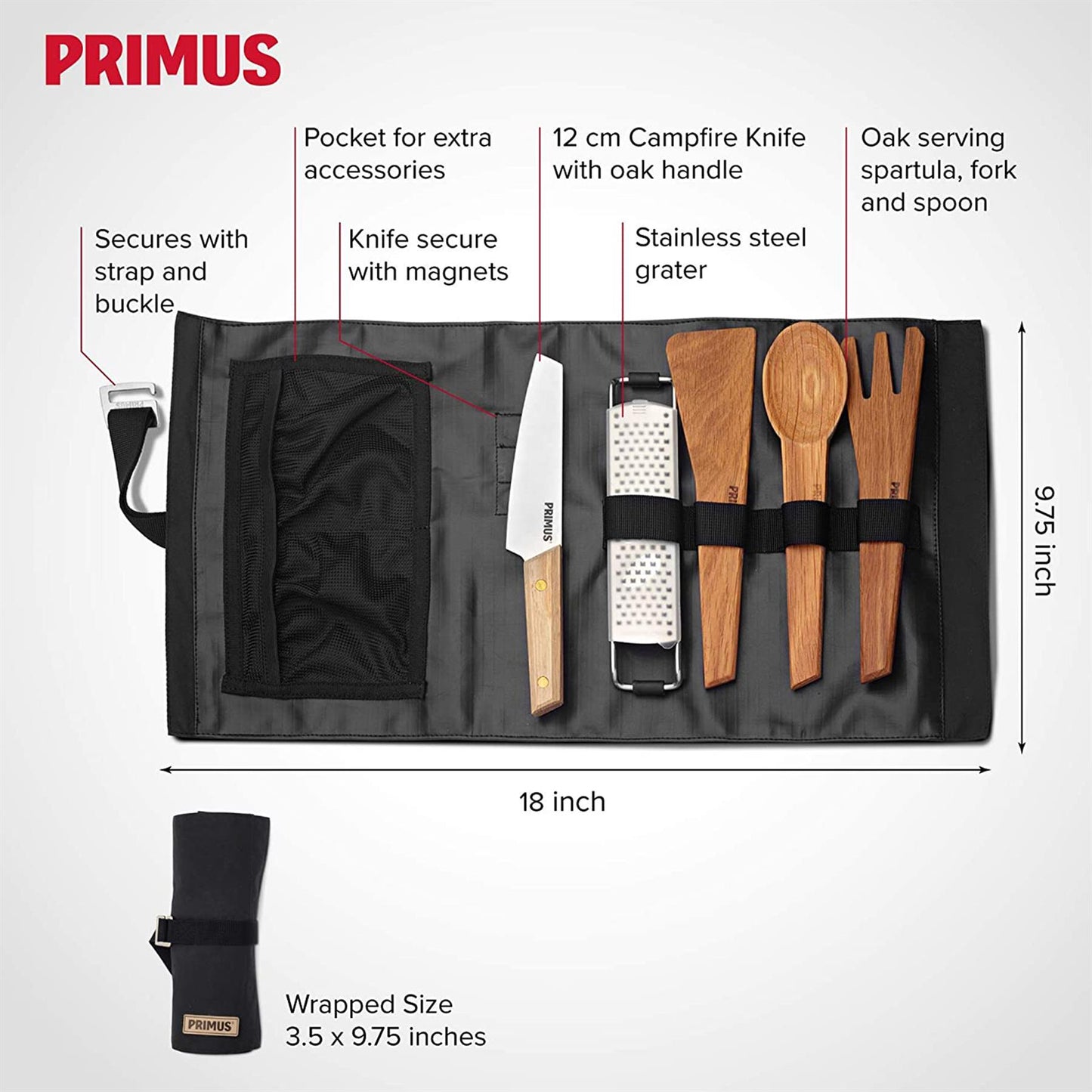 Primus CampFire Prep maisto gaminimo įrankių rinkinys su dėklu – specifikacijos ir komplektacija