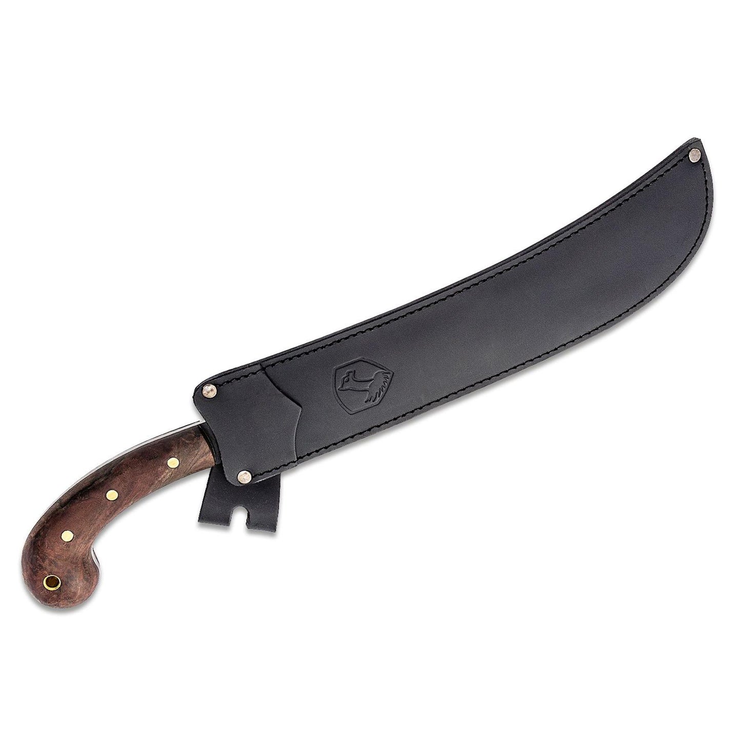 Condor Golok Machete su juodu odiniu deklu ir mediniu rankenoje, paguldyta horizontaliai