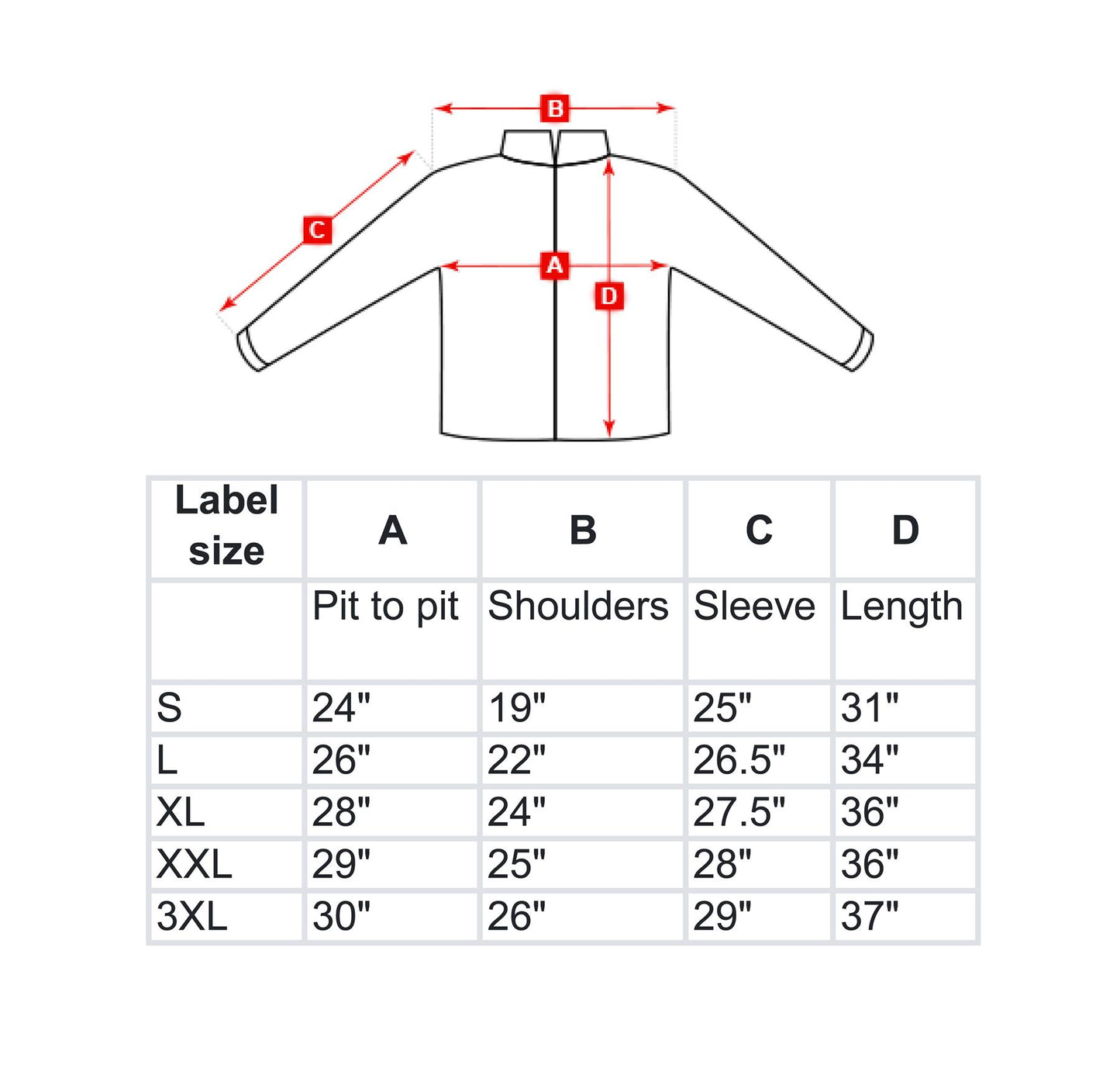 MIL-TEC Smock stiliaus striukė Flecktarn marginimo dydžių lentelė su rankovių, pečių ir ilgio matmenimis.