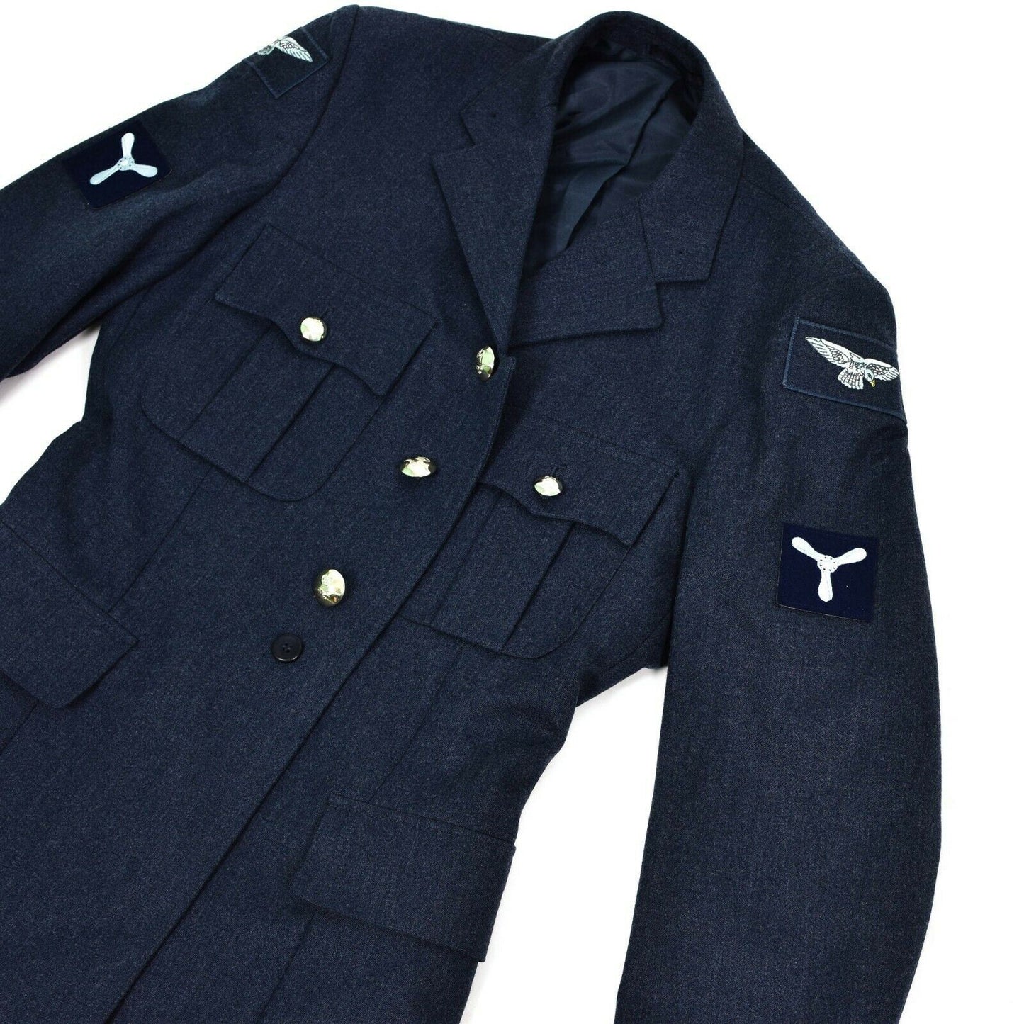 Britanijos kariuomenės oro pajėgų švarkas mėlynas su auksiniais sagomis, RAF ženklu ir rankovių antsiuvais