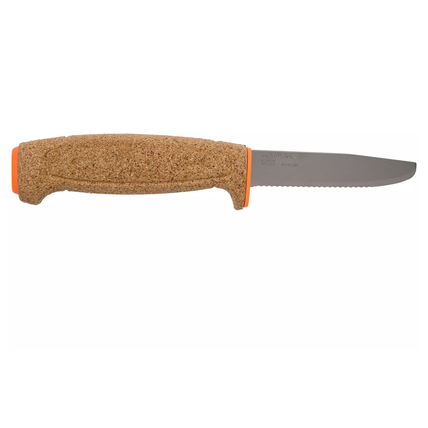 MORAKNIV Floating neskęstantis universalus peilis dantytais ašmenimis su oranžine rankena ir seruotais peiliu.