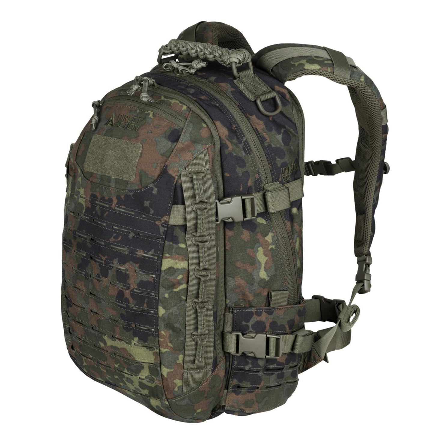 Direct Action Dragon Egg taktinė kuprinė 25L su MOLLE sistema, kamufliažinė ir ergonomiška dizainu.
