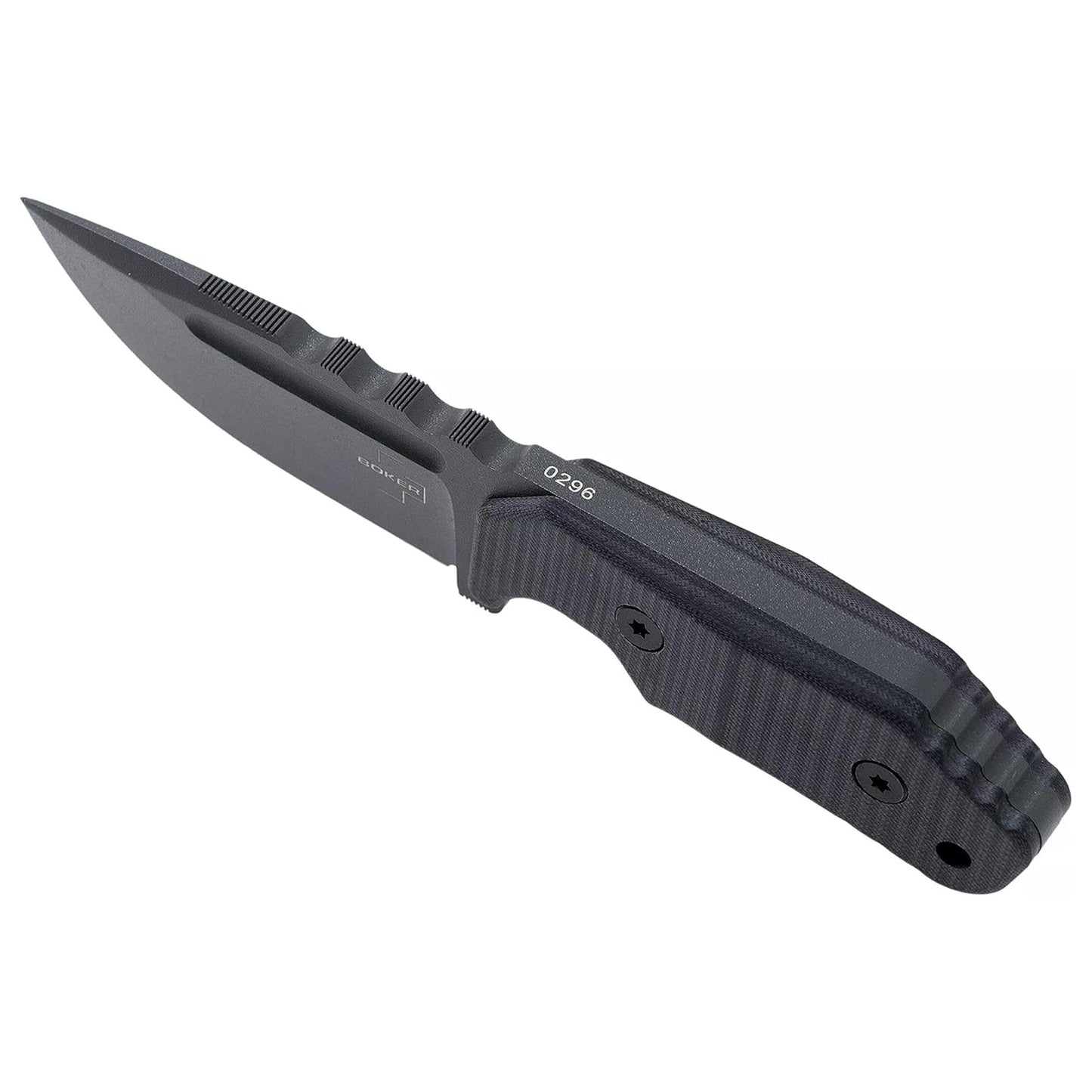 Boker Plus Little Dvalin Black fiksuotas peilis su juoda G10 rankena ir D2 plieno ašmenimis, rodomas iš šono