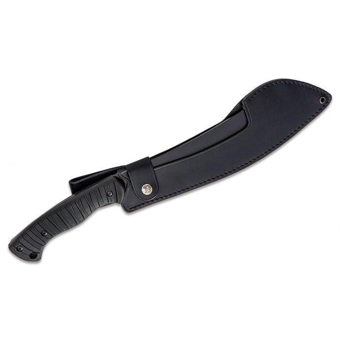 Fox Knives MACHO bolo formos mačetė nerūdijančio plieno su juodu odiniu dėklu ir ergonomine rankena.