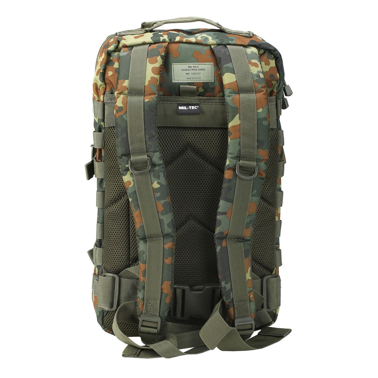 MIL-TEC Assault taktinė 36l kuprinė Flecktarn marginimo su patogia paminkštinta nugara ir Molle juostomis.