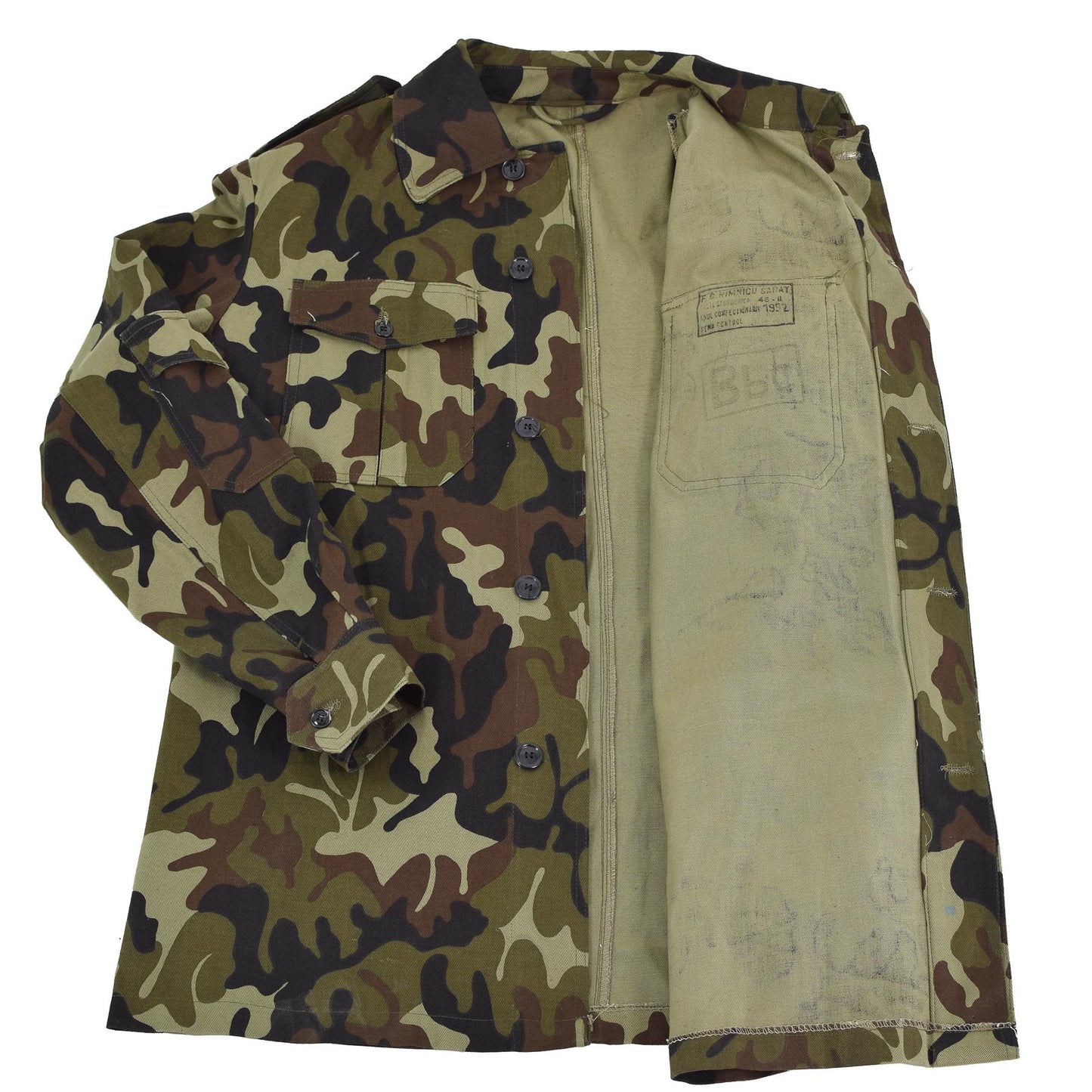 Rumunijos kariuomenės uniforminis švarkas M93 marginimo, camo raštas, medvilnės audinys, kišenės, sagos.