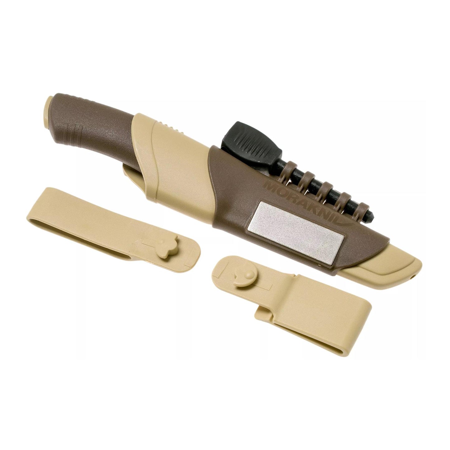 MORAKNIV fiksuotas peilis su lauko ugnies užkūrimo priemone ir galandimo įrankiu, su dėklu ir galąstuvu.