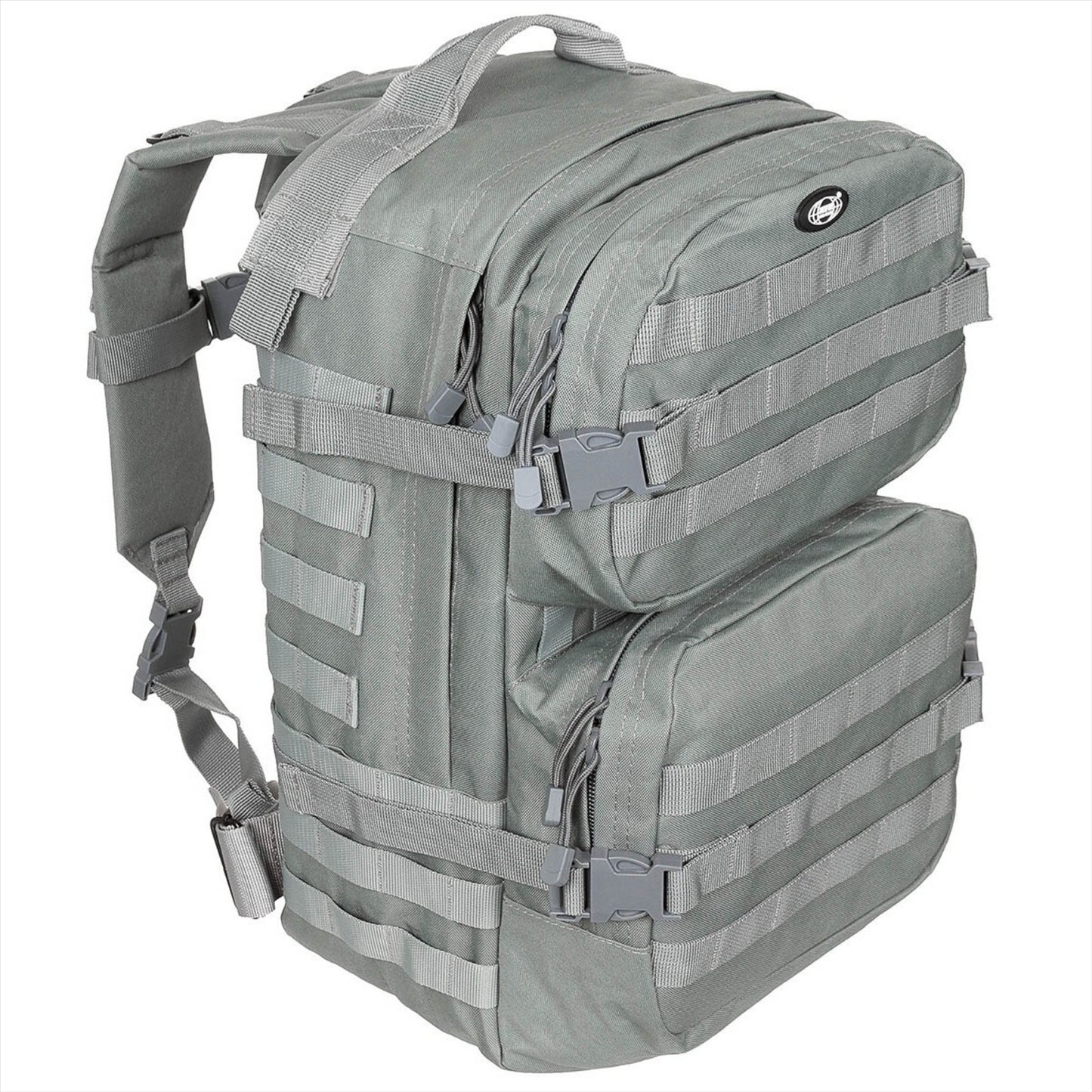MFH US Assault II taktinė kuprinė 40L su MOLLE sistema, reguliuojamomis petnešomis ir gertuvės skyriumi.
