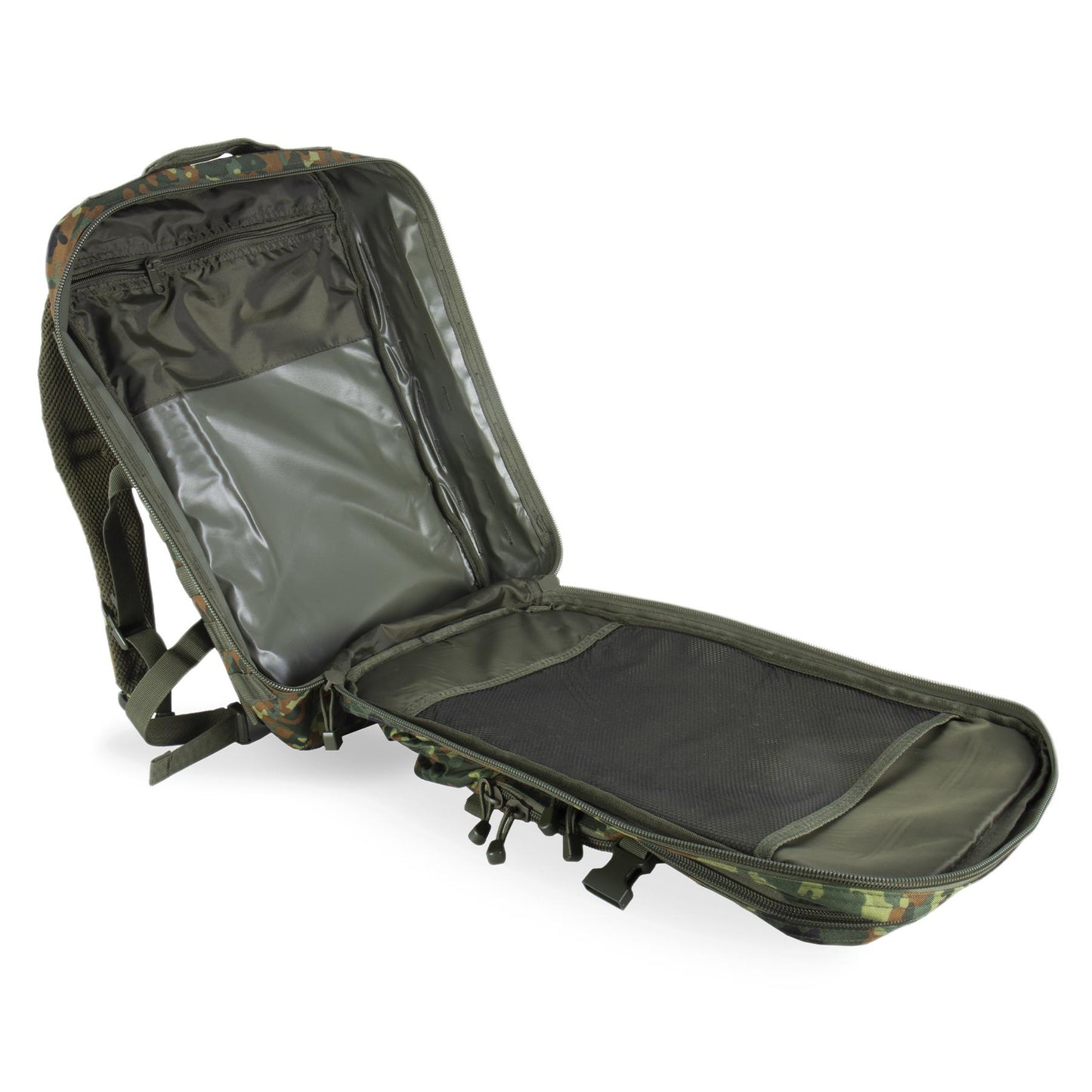 MIL-TEC Assault taktinė 36l kuprinė Flecktarn marginimo atvira, patvari, su Molle juostomis ir keliais skyriumi.
